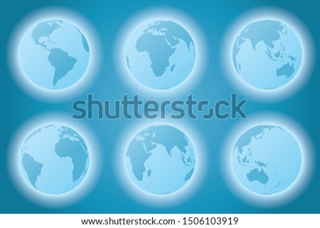 Planet Earth set of Different Continents View, World Globe Map, America, Europe, Africa, Asia, Oceania