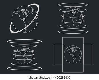 Planet Earth. Set of Earth globe icons isolated. Line style.