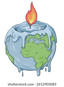 Planet Earth in the shape of a candle with melting fire. Global temperatures rising. Hand drawn vector illustration.