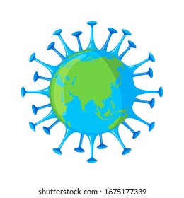 Planet Earth in shape of Coronavirus Bacteria icon in flat style isolated on white background. 2019-nCoV consept. Vector illustration.