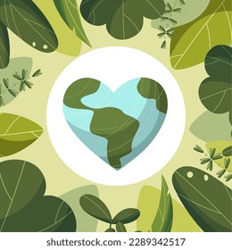 Planet earth in the shape of a heart with leaves.