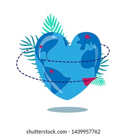 planet earth in a shape of a heart. Plane is going around a planet. Vector illustration isolated on white background