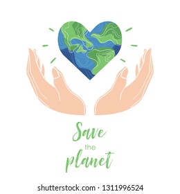 Planet earth in the shape of a heart with plants and flowers. Isolated illustration