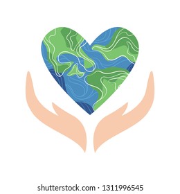 Planet earth in the shape of a heart with plants and flowers. Isolated illustration