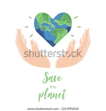 Planet earth in the shape of a heart with plants and flowers. Isolated illustration