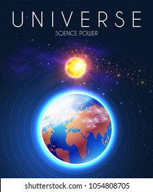 Planet Earth and Shining Sun in Space with Stars. Univerce nackground. Sunrize. Realistic Celestial Design. Vector illustration