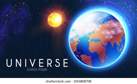 Planet Earth and Shining Sun in Space with Stars. Univerce nackground. Sunrize. Realistic Celestial Design. Vector illustration