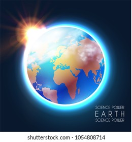 Planet Earth and Shining Sun in Space with Stars. Univerce nackground. Sunrize. Realistic Celestial Design. Vector illustration