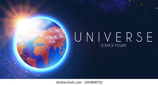 Planet Earth and Shining Sun in Space with Stars. Univerce nackground. Sunrize. Realistic Celestial Design. Vector illustration