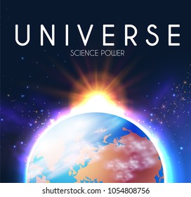 Planet Earth and Shining Sun in Space with Stars. Univerce nackground. Sunrize. Realistic Celestial Design. Vector illustration