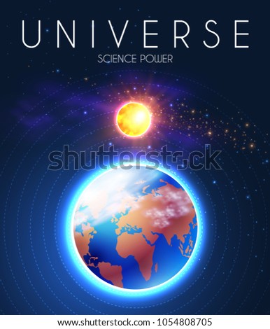 Planet Earth and Shining Sun in Space with Stars. Univerce nackground. Sunrize. Realistic Celestial Design. Vector illustration