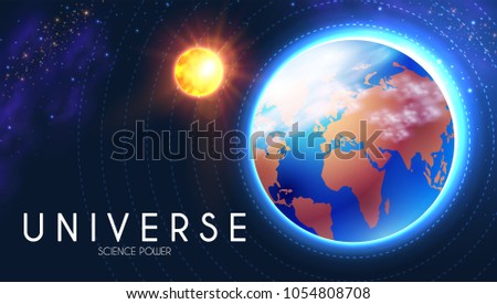 Planet Earth and Shining Sun in Space with Stars. Univerce nackground. Sunrize. Realistic Celestial Design. Vector illustration