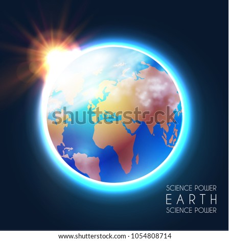 Planet Earth and Shining Sun in Space with Stars. Univerce nackground. Sunrize. Realistic Celestial Design. Vector illustration