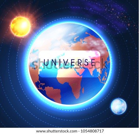 Planet Earth and Shining Sun in Space with Stars. Univerce nackground. Sunrize. Realistic Celestial Design. Vector illustration