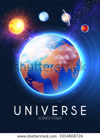 Planet Earth and Shining Sun in Space with Stars. Univerce nackground. Sunrize. Realistic Celestial Design. Vector illustration