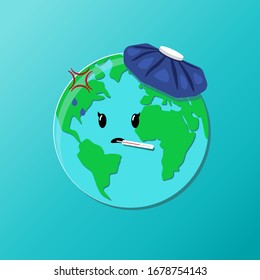 Planet earth is sick. Kawaii style, cartoon.Earth with a thermometer in his mouth and an ice pack. World coronavirus pandemic.Global warming.Poster, color vector illustration.