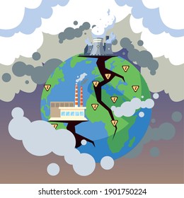 planet earth sick for pollution, polluting factories vector illustration