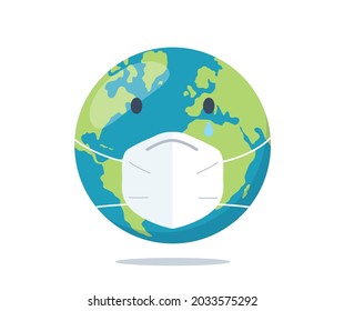 Planet Earth sick and sad with medicine mask. Coronavirus global pandemic 