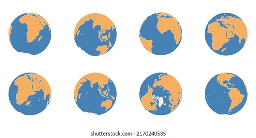 Planet Earth vereinfacht handgezeichnete Farbsymbole. Globe unterschiedliche Ansichten über Nordpol, Afrika, Amerika, Australien, Europa, Asien, Kreis-Weltkarte, Vektorgrafik
