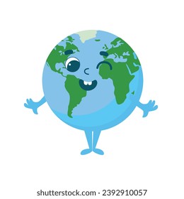 Planet Earth smiles happily. Cartoon illustration for children isolated on blue background.