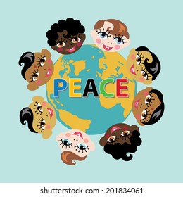 Planet earth and smiling baby born faces of different Nations.Inscription "Peace" in five colors.A symbol of peace and friendship of peoples in vector illustration