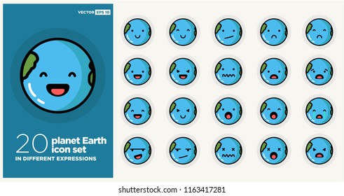 Planet Earth Smiling Happy Emoji Icon Set In Different Expressions