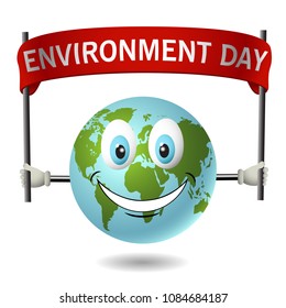 Planet earth smiling and holding poster for world environment day.