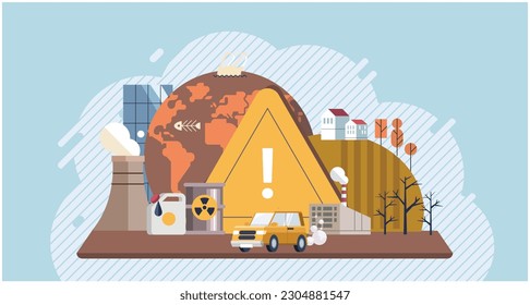 Planeta Tierra en humo, plástico, basura. Contaminación tóxica del aire. Efecto invernadero del CO2. Tierra con razones de destrucción. Salvando el planeta, Día Mundial del Medio Ambiente. Catastrofia ecológica. Salvar la Tierra