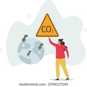 Planet Earth with Smoking Power Plant Pipes. Environment Polluted by CO2 Emission. Climate Change Problem Concept.flat characters.