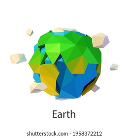 Planet earth in the solar system. Vector illustration of abstract planets, stars and craters in space in the style of 3d low poly model objects from a triangle.