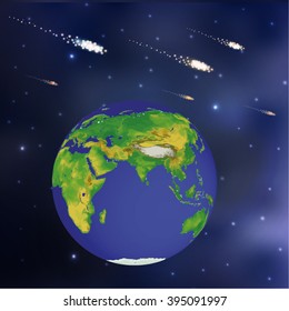 Planet earth in space against the background of comets with stars