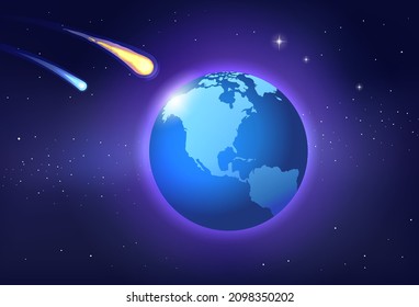 Planet Earth from space and comets flying on a trajectory