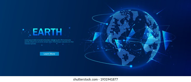 Planet Earth from space. Flickering lights of cities. Map of the mainland. Global communications system and the World Wide Web. Technologies and communications. Globalization. Luminous sphere. Vector.