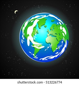 Planet Earth in space. The image of the planet and the moon on a background of stars