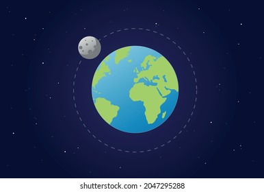 Planeta Tierra en el espacio con la luna en órbita alrededor - ilustración vectorial infográfica en diseño plano