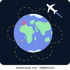 planet earth in space in a simple style, the plane flies over the earth, the travel route marked over the planet