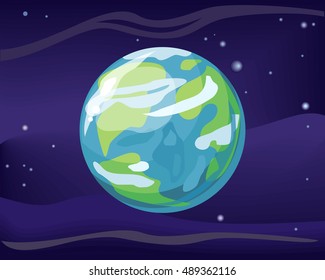 Planet Earth in space star background. Element of solar system. Cosmic galaxy background with bright shining stars. Solar system. Isolated planet. Blue planet. Vector illustration.