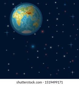 Planet earth in space. Stars and nebula on a dark background of outer space. The continents of the earth surrounded by oceans. Vector illustration