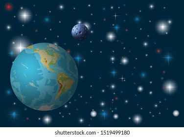 Planet earth in space. Stars and nebula on a dark background of outer space. The continents of the earth surrounded by oceans. Vector illustration
