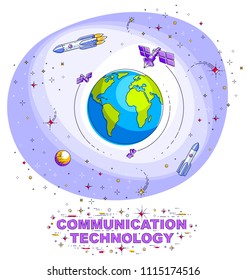 Planet Earth in space surrounded by artificial satellites, rockets and stars. Global communication technology theme. Thin line 3d vector illustration isolated on white.