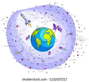 Planet Earth in space surrounded by artificial satellites, rockets and stars. Global communication technology theme. Thin line 3d vector illustration isolated on white.