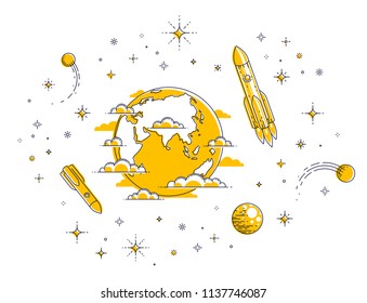 Planet Earth in space surrounded by stars, rockets, asteroids and other elements. Small earth in endless cosmos. Thin line 3d vector illustration isolated on white.