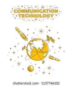 Planet Earth in space surrounded by artificial satellites, rockets and stars. Global communication technology theme. Thin line 3d vector illustration isolated on white.