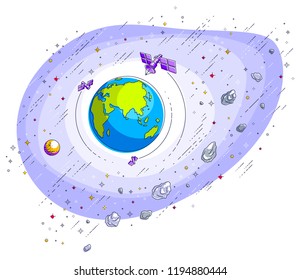 Planet Earth in space surrounded by artificial satellites, stars and other elements. Global communication technology theme. Thin line 3d vector illustration isolated on white.