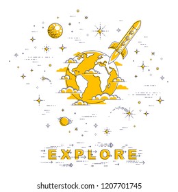 Planet Earth in space surrounded by stars, rockets, asteroids and other elements. Small earth in endless cosmos. Thin line 3d vector illustration isolated on white.