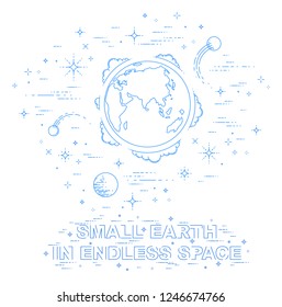 Planet Earth in space surrounded by stars, comets, asteroids and other elements. Small earth in endless cosmos. Thin line 3d vector illustration isolated on white.
