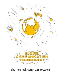 Planet Earth in space surrounded by artificial satellites, stars and other elements. Global communication technology theme. Thin line 3d vector illustration isolated on white.