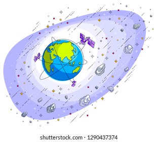Planet Earth in space surrounded by artificial satellites, stars and other elements. Global communication technology theme. Thin line 3d vector illustration isolated on white.