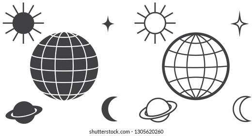 Planet Earth in space surrounded by stars , satellites and planets. Unification of elements of the universe. Vector icons isolated on white.