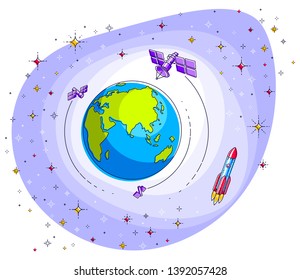 Planet Earth in space surrounded by artificial satellites, stars and other elements. Global communication technology theme. Thin line 3d vector illustration isolated on white.
